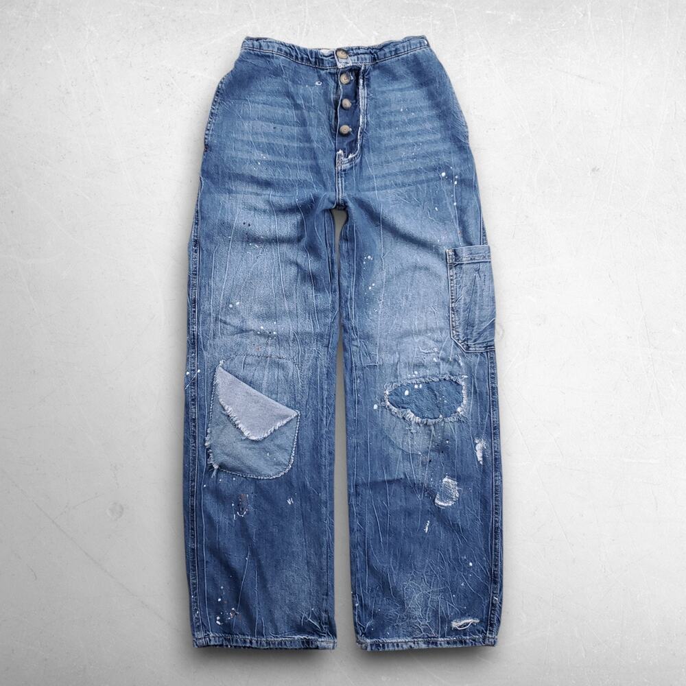 Free People Wide Leg Starving Artist Jeans Women 26 Blue Button Fly Paint Boho